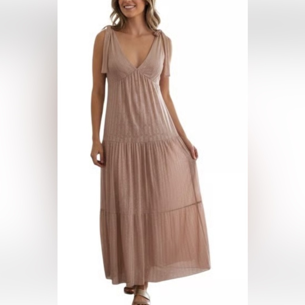 NWT Taylor Elegant Metallic Blush Rose Tiered V Neck Maxi Dress Size 16